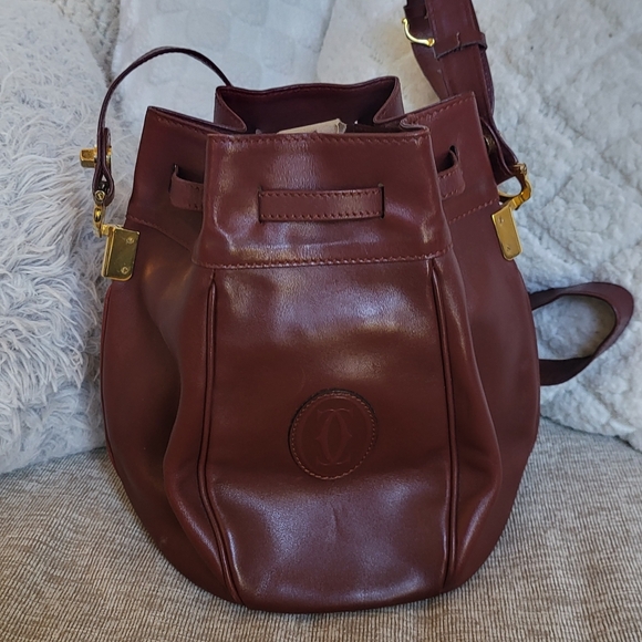 Cartier Must Line Drawstring Shoulder Bag Bordeaux Leather ...Authentic.. - Picture 3 of 14